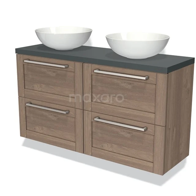 Modulo Plato Slim Vanity units for countertop basin | 120 cm Mid brown oak Bordered front Dark grey worktop 4 drawers BMK38-00171 Wooden bathroom unit with double countertop wash basins, natural look and modern design, perfect for stylish bathroom design.