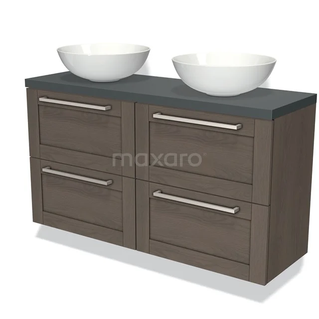 Houten badkamermeubel met donkergrijs blad, dubbele witte waskommen en vier lades, modern en functioneel ontwerp.