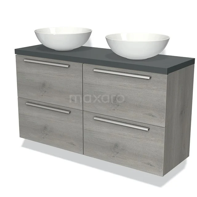 Houten badkamermeubel met grijze wastafelblad en twee witte opbouwkommen, voorzien van vier lades met metalen grepen.