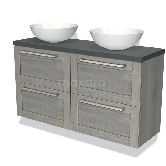Houten badkamermeubel met twee wastafels, grijze bovenblad en vier lades, modern ontwerp voor stijlvolle badkamers.