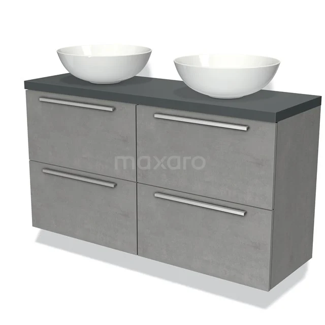 Grijze badkamermeubel met dubbele wastafels, modern design, betonlook, vier lades en metalen handgrepen.