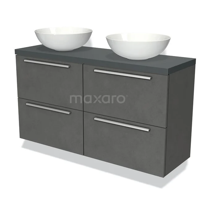 Badmöbel für Waschtischunterschrank mit Konsole 120cm Modulo Plato Slim Dunkelgrau Beton 4 Schubladen Flach Dunkelgrau Platte BMK38-00177 Dunkelgrau Badmöbel mit Betonlook, vier Schubladen, doppelte weiße Waschbecken, modernes Design.