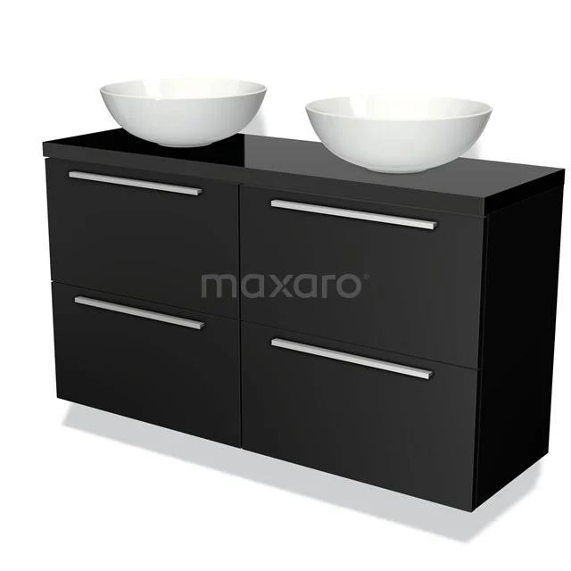 Modulo Plato Slim Vanity units for countertop basin | 120 cm Matte black Flat front High-gloss black worktop 4 drawers BMK38-00178 Black double vanity unit with high-gloss finish and two white bowl-shaped sinks, ideal for modern bathrooms.