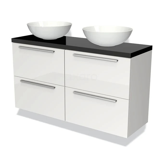 Waschtischunterschrank mit Konsole 120cm Modulo Plato Slim Hochglanz Weiß 4 Schubladen Flach Hochglanz Schwarz Platte BMK38-00184 Weißes Badmöbel mit doppelten Aufsatzwaschbecken, schwarzer Platte und 4 Schubladen, modernes Design für stilvolle Badezimmer Einrichtung.