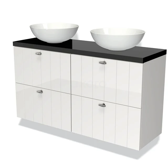 Wit hangend badkamermeubel met zwarte top, dubbele waskommen en vier lades, modern design van hoogglans materiaal.