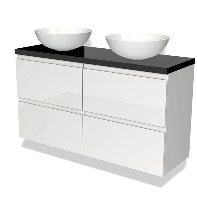 Modulo Plato Slim Badmöbel mit Aufsatzwaschbecken | 120 cm Hochglanz Weiß Grifflos front Hochglanz Schwarz blatt 4 Schubladen BMK38-00186 Weiße Badmöbelset mit schwarzer Platte, einschließlich doppelter Aufsatzwaschbecken; modernes Design mit klaren Linien.