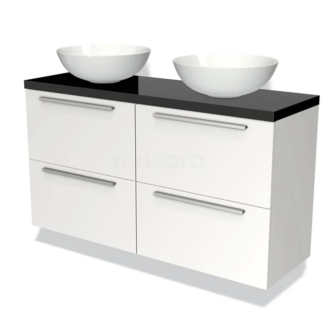 Wit badkamermeubel met zwarte blad, dubbele wastafels en 4 lades, modern design, ideaal voor stijlvolle badkamers.
