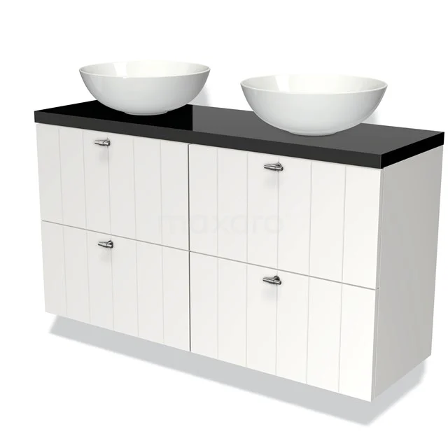 Weißes Badezimmermöbel mit schwarzer Platte, doppelten ovalen Aufsatzwaschbecken, modernes Design, ideal für ein stilvolles Badezimmer.