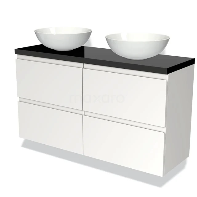 Weißes Badezimmermöbel mit doppelten Aufsatzwaschbecken und schwarzer Platte, modernes Design, ideal für stilvolle Badezimmergestaltung.