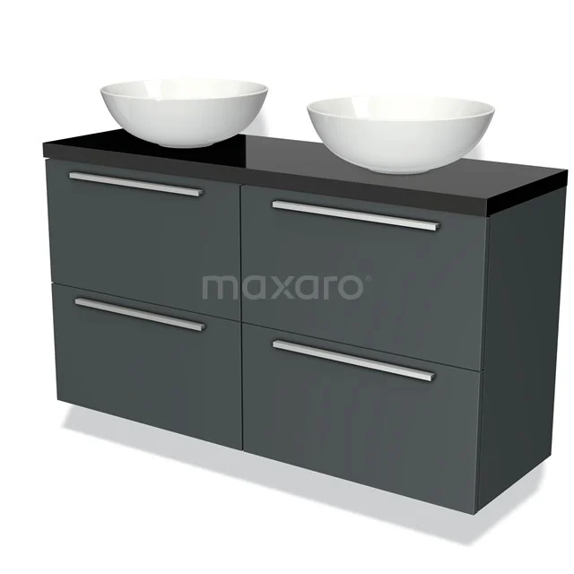 Grijze badkamermeubelset met dubbele waskommen en vier lades, modern design met zwart glazen bovenblad.