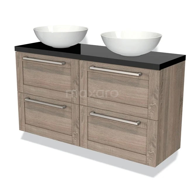 Wooden bathroom unit with four drawers, black worktop and two white countertop wash basins, ideal for a modern bathroom style.