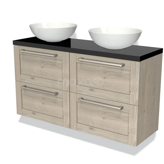 Wooden bathroom unit with vanity units with basin, black top and 4 drawers, suitable for modern bathroom design.