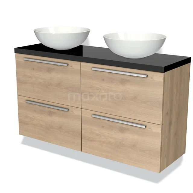 Houten badkamermeubel met dubbele waskommen, zwart blad en vier lades, modern ontwerp voor elegante badkamers.