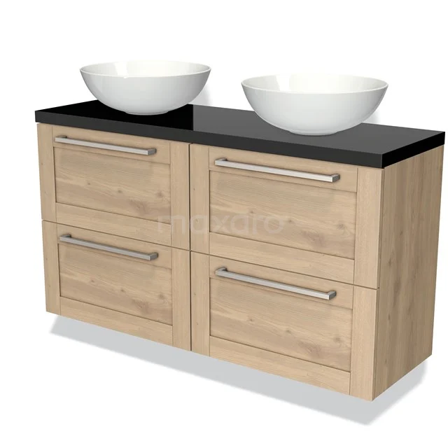 Holz-Badezimmermöbel mit schwarzem Waschbecken und doppelten weißen Aufsatzwaschbecken, modernes Design mit Schubladengriffen aus Metall.