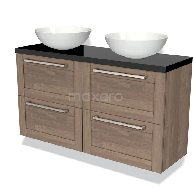 Houten badkamermeubel met zwart glazen blad, dubbele waskommen en vier lades, modern ontwerp voor stijlvolle badkamers.