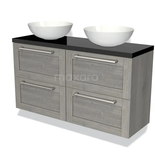 Grijze wastafelmeubel met dubbele witte waskom, zwarte bovenblad en metalen handgrepen; modern badkamerdesign.