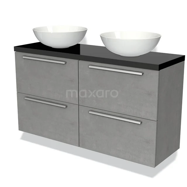 Graue Badmöbelset mit Doppelwaschbecken, keramischen Schalen und schwarzer Platte, modernes Design, ideal für jeden Badezimmerstil.