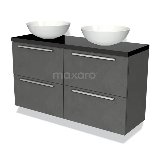 Modulo Plato Slim Vanity units for countertop basin | 120 cm Dark grey concrete Flat front High-gloss black worktop 4 drawers BMK38-00206