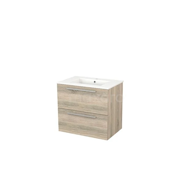 Wooden bathroom unit with two drawers and white ceramic basin, compact design for modern bathrooms.