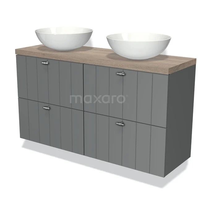 Graue Badmöbelset mit Holzlook Platte und zwei weißen Aufsatzwaschbecken, modernes Design und Schubladen.