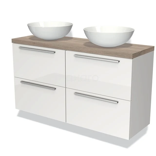 Weißer Badschrank mit Holzlook Platte und doppeltem Aufsatzwaschbecken, modernes Design mit chromatischen Griffen für stilvollen Stauraum.