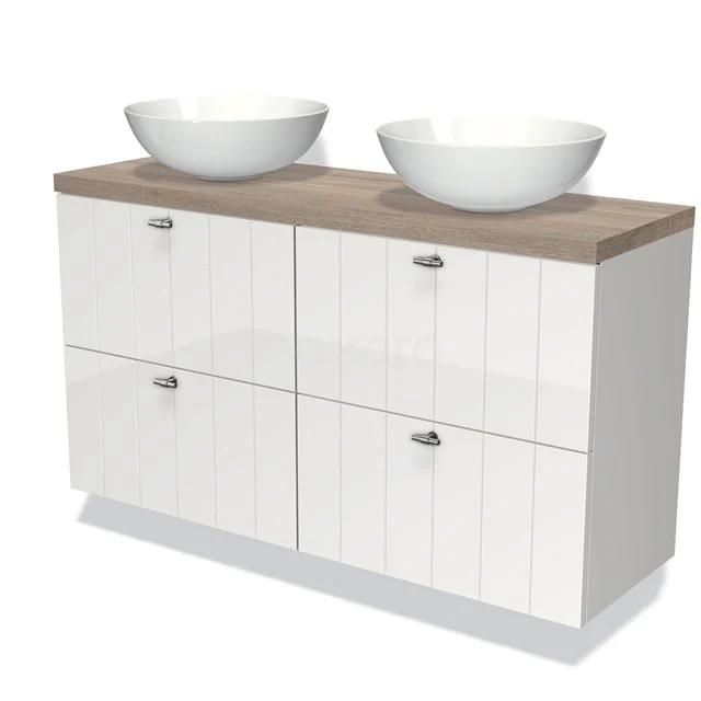 Waschtischunterschrank mit Konsole 120cm Modulo Plato Slim Hochglanz Weiß 4 Schubladen Lamelle Eiche Platte BMK38-00214 Weißes Badezimmermöbel mit doppeltem Aufsatzwaschbecken, Holzlook Platte und glänzender Oberfläche, ideal für moderne Bäder.