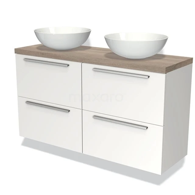Wit badkamermeubel met houtlook blad, dubbele waskommen en vier lades, ideaal voor moderne badkamers.