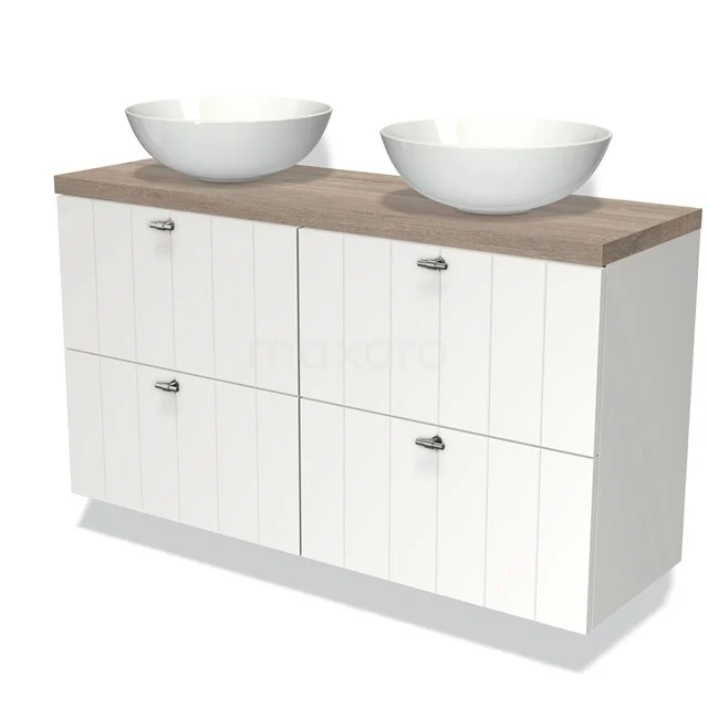 Modulo Plato Slim Badmöbel mit Aufsatzwaschbecken | 120 cm Matt Weiß Lamelle front Eiche blatt 4 Schubladen BMK38-00217 Weißes Holz Badezimmermöbel mit doppeltem Aufsatzwaschbecken, Holzplatte und vier Schubladen, ideal für moderne Badezimmergestaltung.