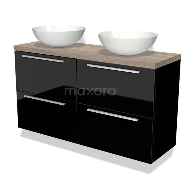 Modulo Plato Slim Vanity units for countertop basin | 120 cm High-gloss black Flat front Oak worktop 4 drawers BMK38-00222 Black glossy bathroom unit with two round white countertop wash basins and wood-look worktop, modern design with metal handles.