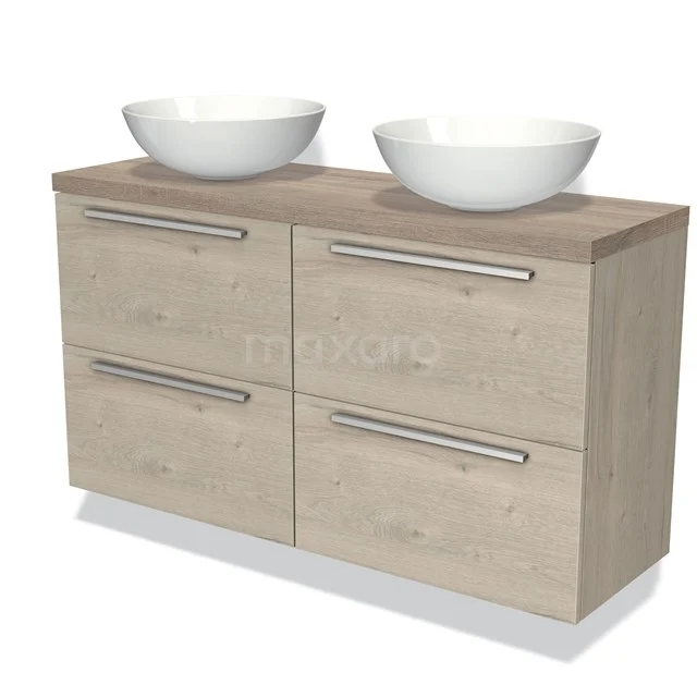 Badkamermeubel houtlook met dubbele wastafel, lades met metalen grepen, modern ontwerp, perfect voor een stijlvolle badkamer.