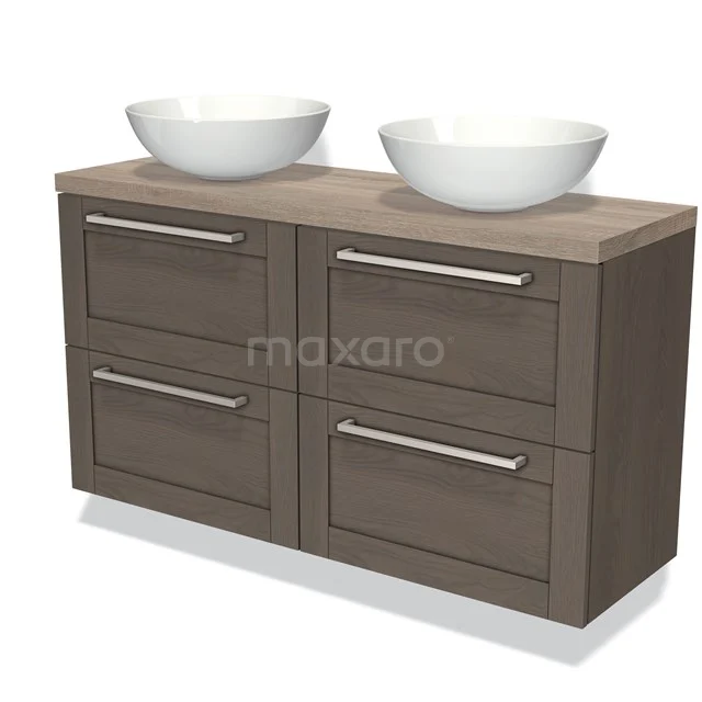 Houten badkamermeubel met dubbele witte opzetwaskommen, vier lades en strak design. Perfect voor moderne badkamers.
