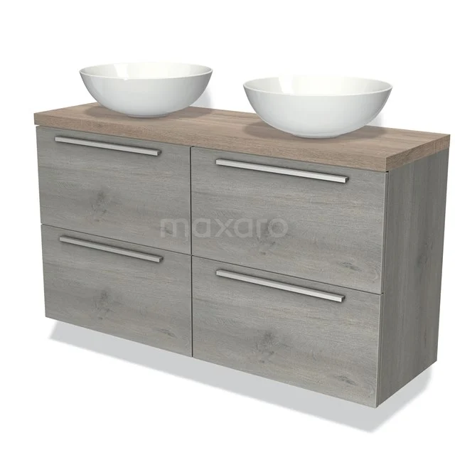 Houten badkamermeubel met dubbele waskommen, modern design, grijs eikenlook met vier lades en stijlvolle metalen grepen.