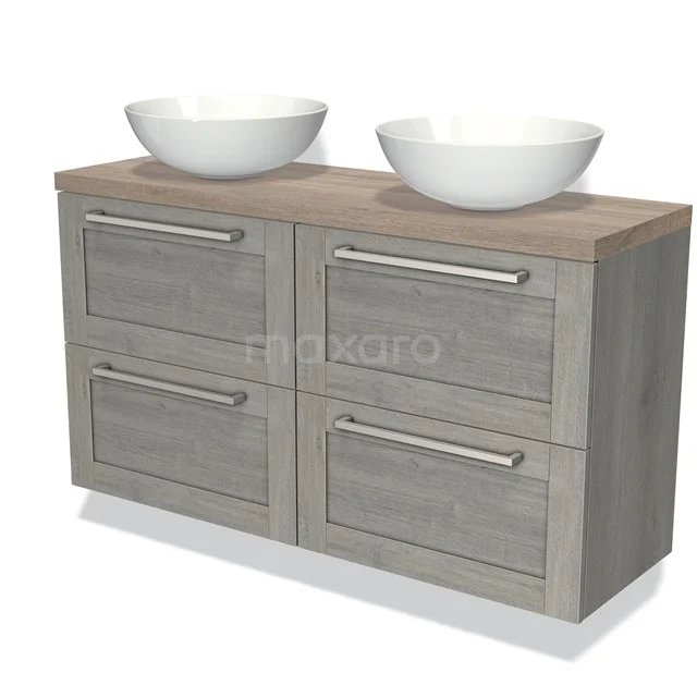 Badezimmermöbel Grau Holzoptik mit doppeltem Aufsatzwaschbecken, modernes Design und metallischen Haltegriffen, ideal für zeitgemäße Bäder.