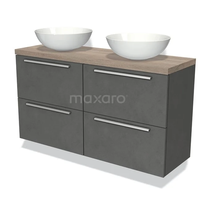 Modulo Plato Slim Vanity units for countertop basin | 120 cm Dark grey concrete Flat front Oak worktop 4 drawers BMK38-00236