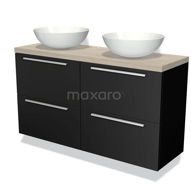 Black bathroom furniture set with wooden worktop, double countertop wash basins and modern design. Perfect for stylish bathroom design.