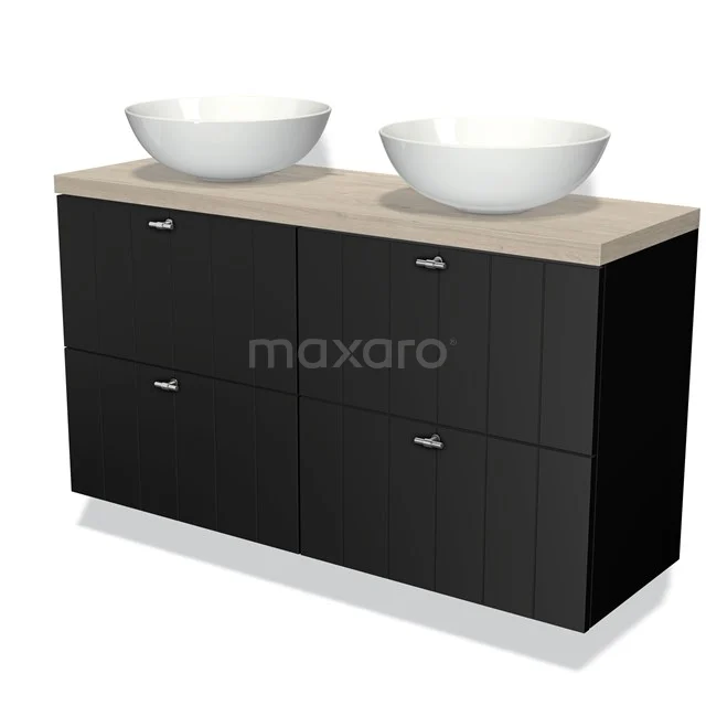 Zwarte badkamermeubelset met vier lades, houtlook blad en twee witte ronde waskommen, modern design.