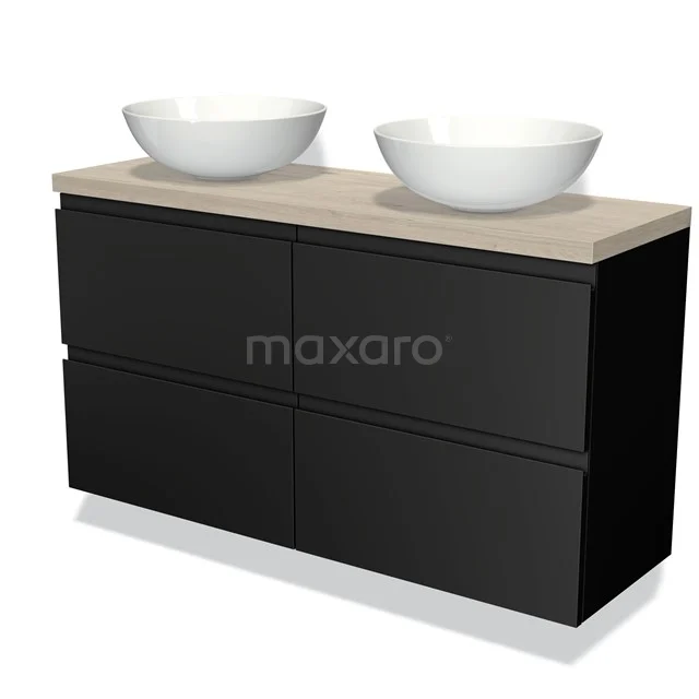 Modulo Plato Slim Vanity units for countertop basin | 120 cm Matte black Handle-less front Light grey oak worktop 4 drawers BMK38-00239 Black bathroom unit with two white countertop wash basins, wood-look worktop and four drawers for a modern and stylish bathroom design.