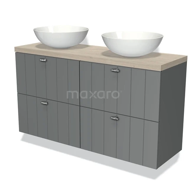 Grau Badmöbel mit Holz Platte, Doppelwaschbecken und modernen Designpaneelen für stilvolle Badezimmerlagerung.