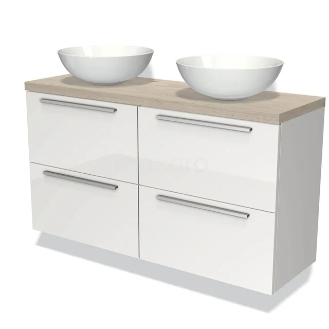 Wit badkamermeubel met dubbele waskom, houten blad en glanzende afwerking; modern design met ruime opberglades.