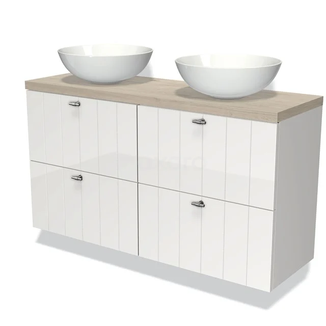 Weiße Doppelwaschbeckenunterschrank mit Holzlook Platte, zwei keramischen Aufsatzwaschbecken und vier grifflose Schubladen für Badezimmerlagerung.