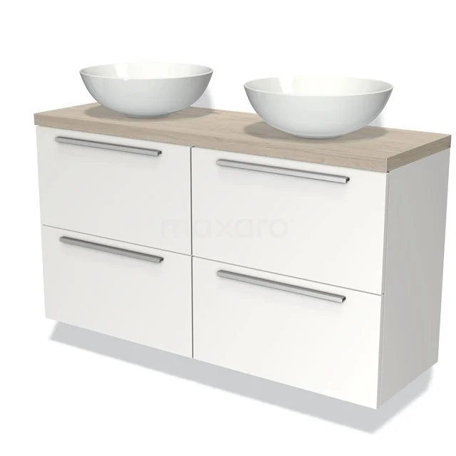 Witte badmeubelset met dubbele ronde waskommen, houtlook blad en vier lades; stijlvolle opbergoplossing voor de badkamer.