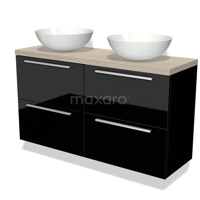Zwarte badkamermeubel met dubbele witte waskommen, houten blad en vier lades, modern design voor een stijlvolle badkamer.