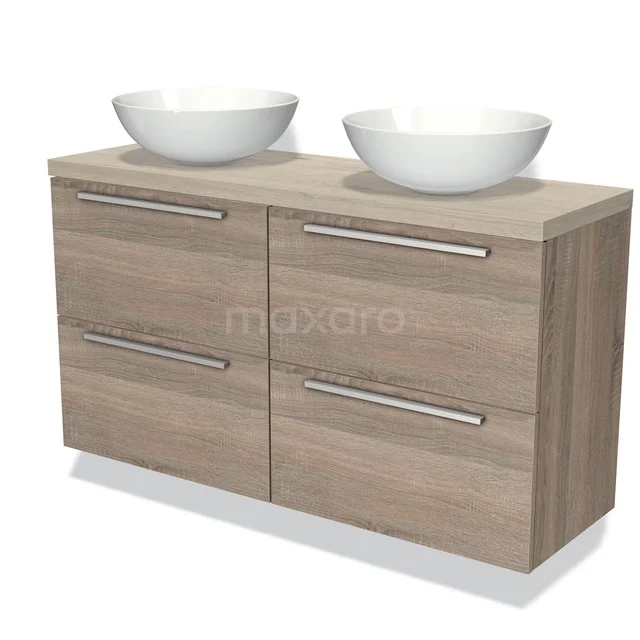 Houten badkamermeubel met dubbele wasbak, modern ontwerp in eikenlook met vier lades, ideaal voor een stijlvolle badkamer.
