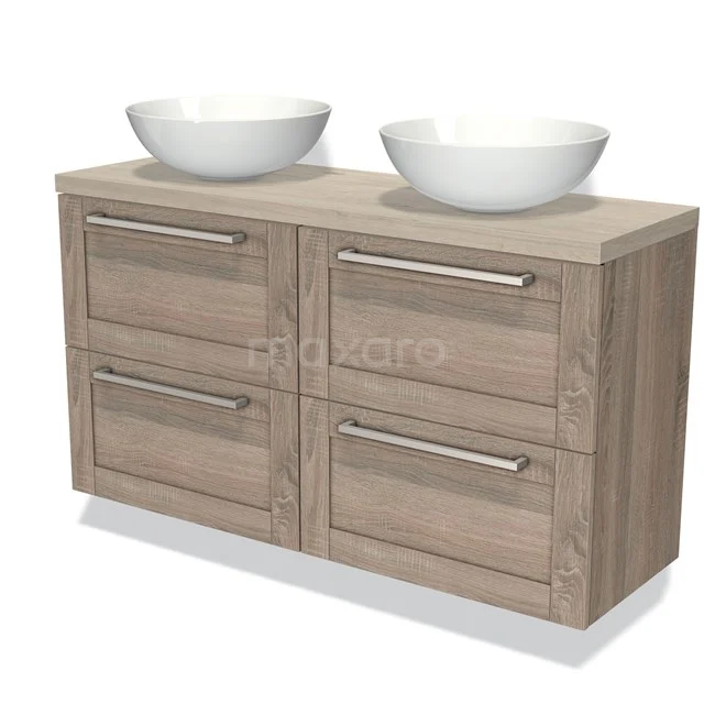 Modulo Plato Slim Badmöbel mit Aufsatzwaschbecken | 120 cm Eiche Rahmen front Hellgraue Eiche blatt 4 Schubladen BMK38-00256 Holz-Badmöbel mit doppelten weißen Aufsatz-Waschbecken, 4 Schubladen und metallischen Haltegriffen, ideal für moderne Bäder.