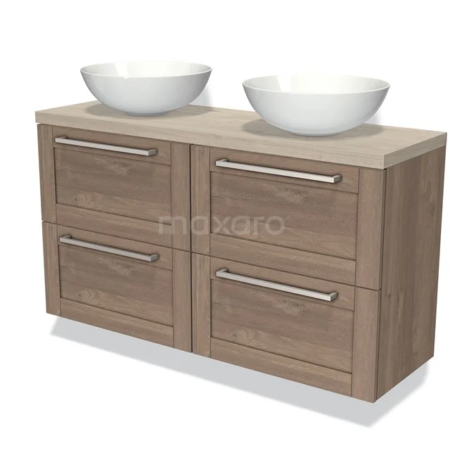 Modulo Plato Slim Badmöbel mit Aufsatzwaschbecken | 120 cm Mittelbraune Eiche Rahmen front Hellgraue Eiche blatt 4 Schubladen BMK38-00260 Holz Badezimmermöbel mit Doppelwaschbecken, vier Schubladen und modernen Haltegriffen, ideal für stilvollen Badezimmerraum.