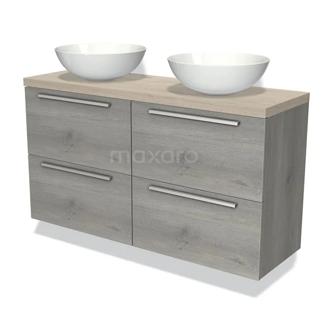 Houten badkamermeubel met twee waskommen, grijze laden met stijlvolle handgrepen, ideaal voor moderne badkamerinrichting.