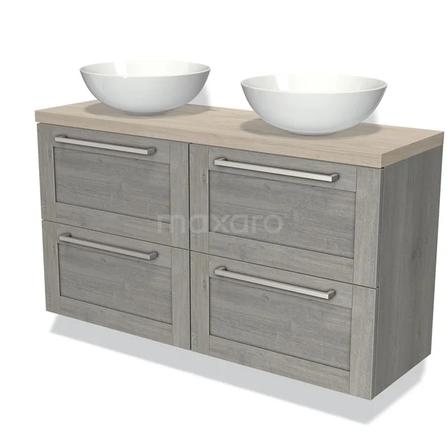 Holz Badezimmermöbel mit grauen Schubladen, doppeltem Aufsatzwaschbecken und schlichten metallischen Haltegriffen; modernes und funktionales Design.