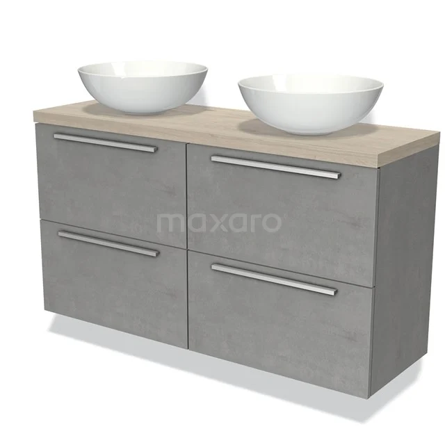 Graue Waschbeckenunterschrank mit 4 Schubladen, Holzoptik Platte und 2 weißen Aufsatzwaschbecken, perfekt für moderne Bäder.