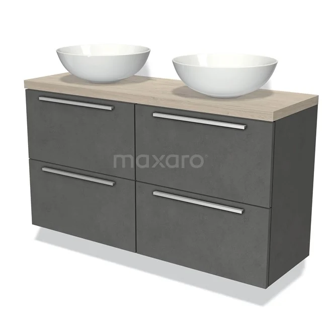 Modulo Plato Slim Vanity units for countertop basin | 120 cm Dark grey concrete Flat front Light grey oak worktop 4 drawers BMK38-00266