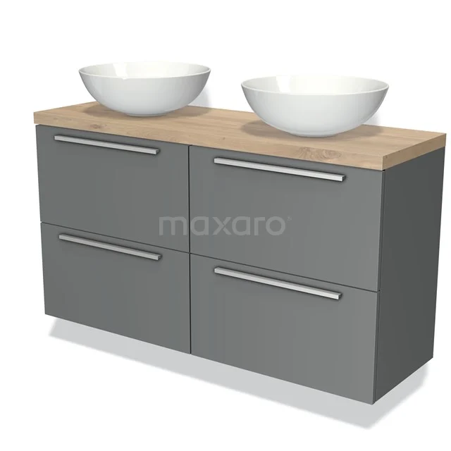 Modulo Plato Slim Vanity units for countertop basin | 120 cm Mid grey Flat front Light brown oak worktop 4 drawers BMK38-00270 Grey bathroom cabinet with two white countertop wash basins, wooden top and four drawers; modern design for stylish bathrooms.